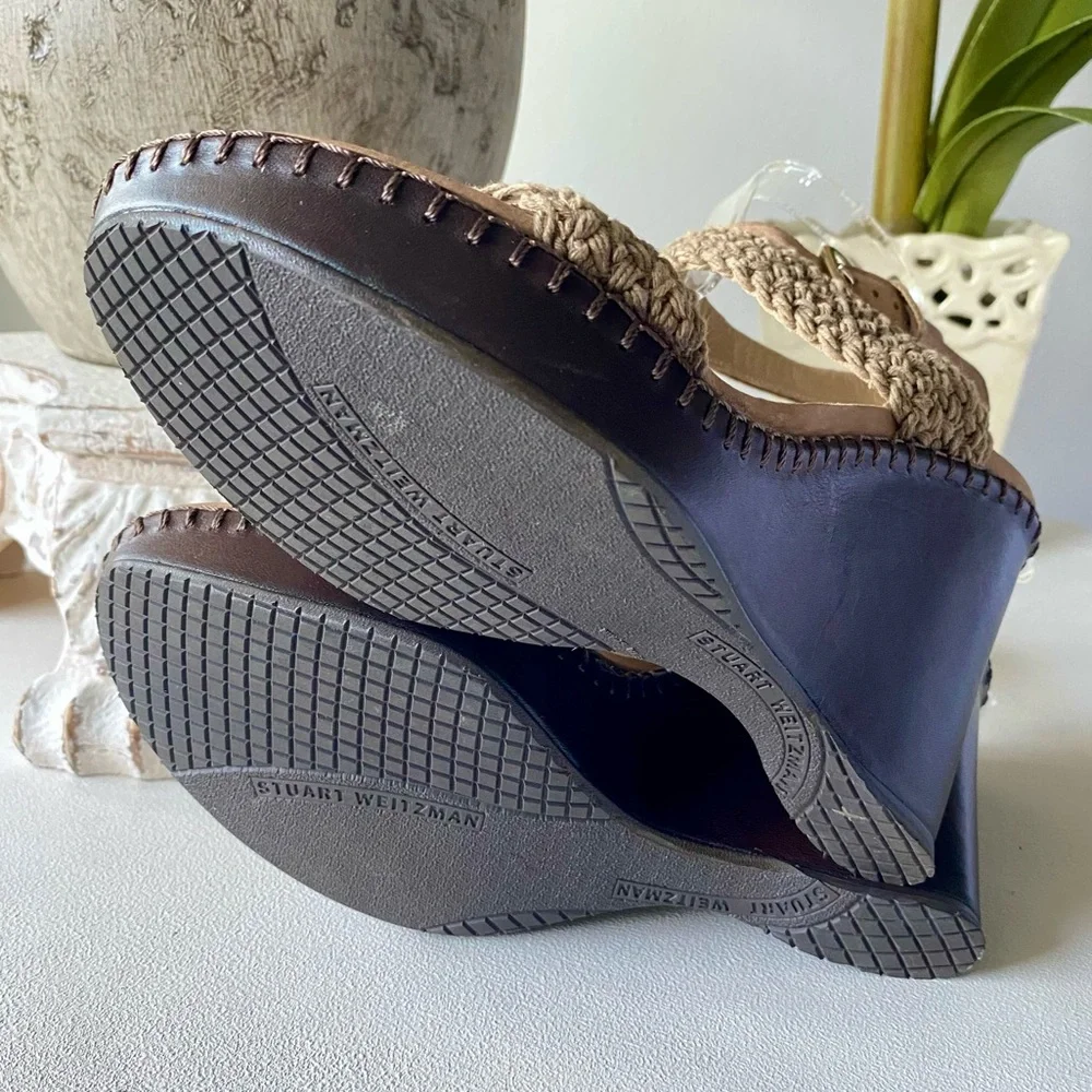 Stuart Weitzman Boho Crochet Weaved Khaki Wedge Sandals Womens 6M Tan Brown Rare